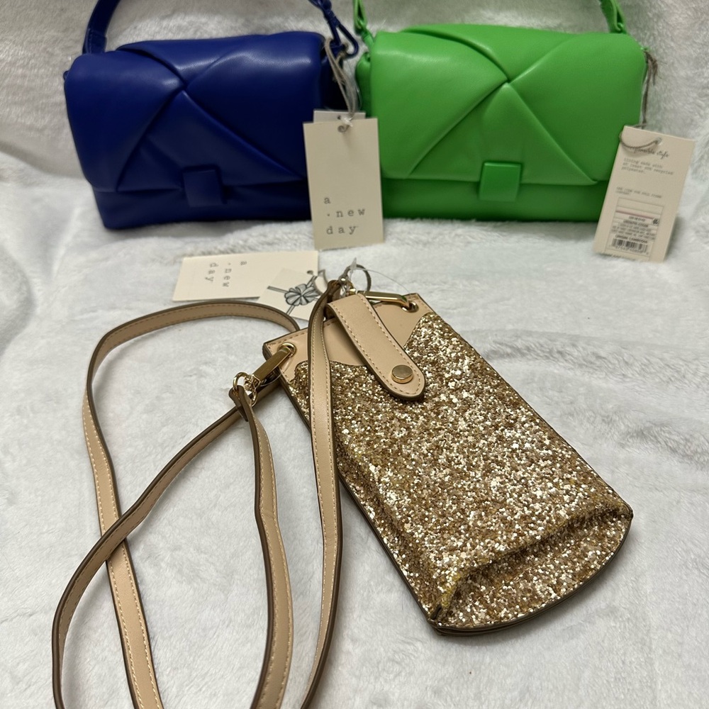 A New Day Gold Glitter Crossbody Bag & Blue & Green Bags with New Tags